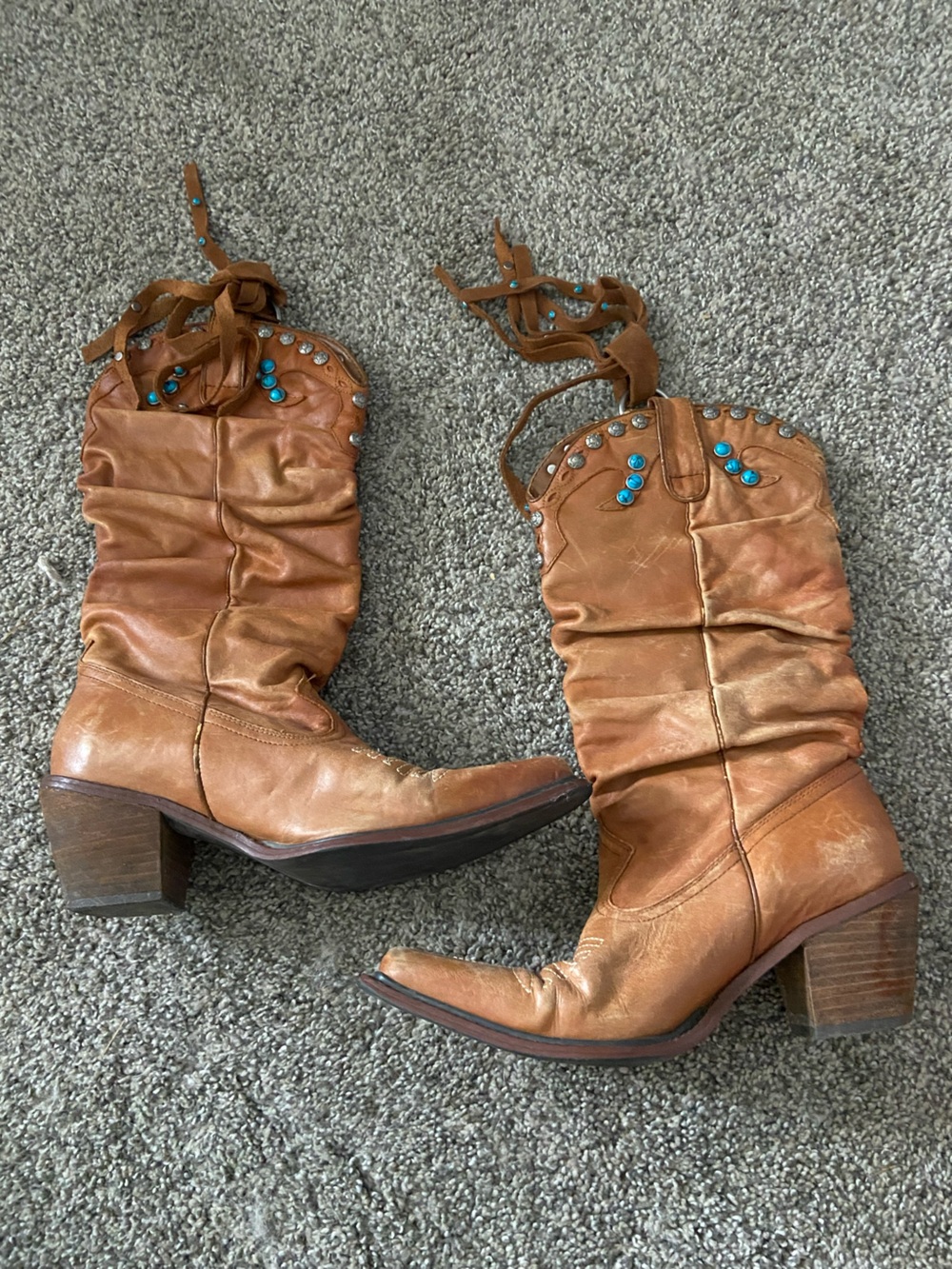 Steve Madden Tan Leather Mid-Calf Heeled Boots with Turquoise Studs